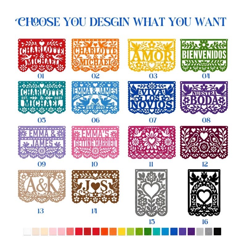 May include: A collection of sixteen rectangular laser-cut paper banners featuring various designs including names, dates, and floral motifs in red, orange, yellow, green, teal, blue, purple, pink, magenta, brown, gray, and black with a color palette.