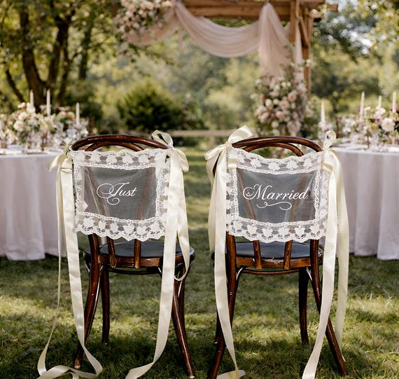 Personalized Lace Chair Signs, Just Married Chair Sign for Bride and Groom, Wedding Chair Covers, Sheer Lace Signs, Wedding Chair Decor