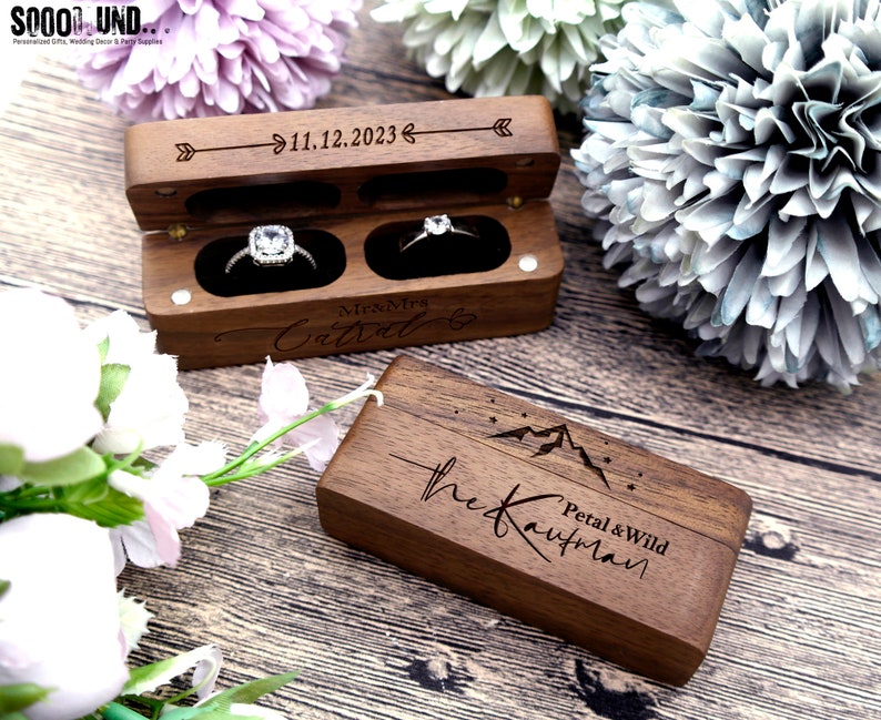 Caja de anillo, Caja de anillo de boda, Caja de anillo de compromiso doble, Caja portadora de anillo, Caja de anillo de madera, Caja de anillo de propuesta, Almohada de anillo personalizada imagen 6