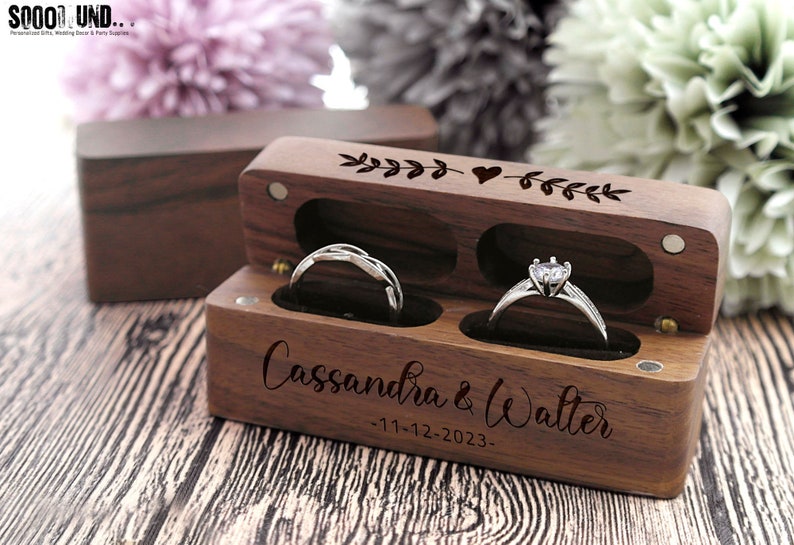 Caja de anillo, Caja de anillo de boda, Caja de anillo de compromiso doble, Caja portadora de anillo, Caja de anillo de madera, Caja de anillo de propuesta, Almohada de anillo personalizada imagen 5