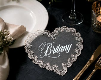 Heart Lace Wedding Place Cards | Vintage Bridal Table Seating Name Cards