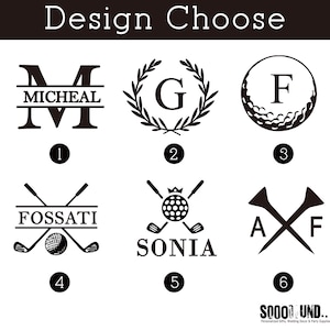 May include: Six different golf-themed design options for personalization.  The designs include a monogram with a name, a monogram with a wreath, a golf ball with a monogram, crossed golf clubs with a name, crossed golf clubs with a golf ball, and crossed golf tees with a monogram.