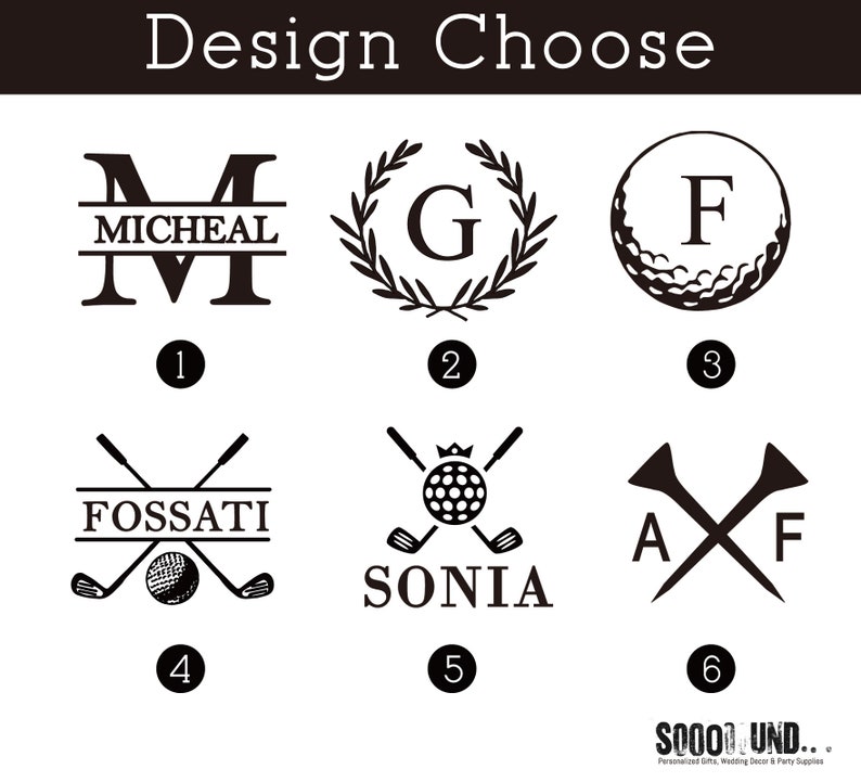 May include: Six different golf-themed design options for personalization.  The designs include a monogram with a name, a monogram with a wreath, a golf ball with a monogram, crossed golf clubs with a name, crossed golf clubs with a golf ball, and crossed golf tees with a monogram.