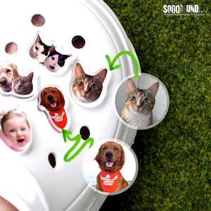 May include: White shoe with various pet-themed charms, including cats, dogs, and a baby. The charms are round and feature close-up images of the pets. One dog charm has a red bandana that says "Always Hungry".