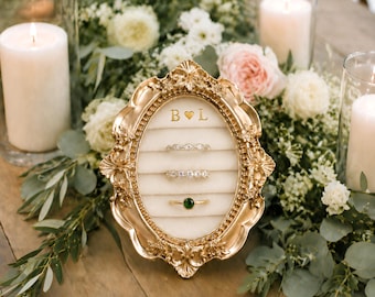 Personalized Antique Gold Ring Holder, Custom Wedding Jewelry Display, Initials Keepsake for Bride