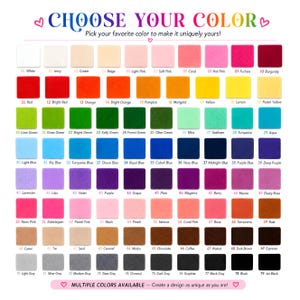 May include: A color chart featuring 79 numbered square swatches in a wide spectrum of hues, including whites, pinks, reds, oranges, yellows, greens, blues, purples, browns, grays, and blacks. The text reads CHOOSE YOUR COLOR and MULTIPLE COLORS AVAILABLE.