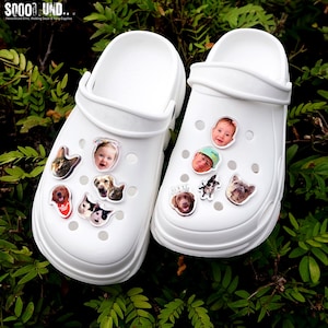 May include: White clogs decorated with various pet and baby face charms. The charms include images of dogs, cats, and a baby. The clogs are sitting on a bed of green leaves. The clogs have a thick sole and a strap.