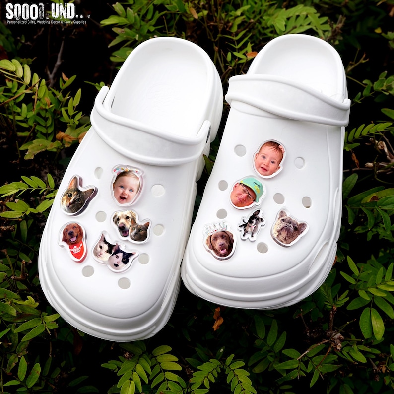 May include: White clogs decorated with various pet and baby face charms. The charms include images of dogs, cats, and a baby. The clogs are sitting on a bed of green leaves. The clogs have a thick sole and a strap.
