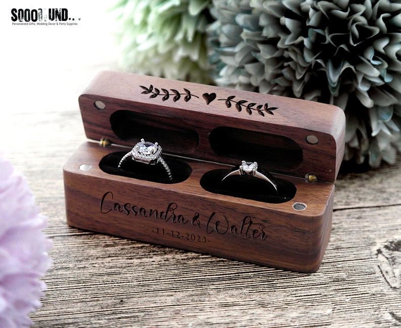 Caja de anillo, Caja de anillo de boda, Caja de anillo de compromiso doble, Caja portadora de anillo, Caja de anillo de madera, Caja de anillo de propuesta, Almohada de anillo personalizada imagen 7