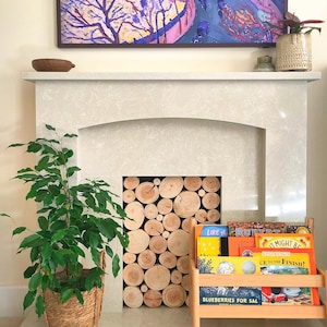 LOG WALL TILES: real wood fireplace cover or filler, faux log stack, wood wall covering