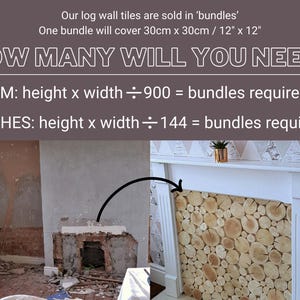 Two images show a before and after fireplace makeover completed by a customer. One photo shows a knocked out fireplace surround with a dark and dirty hole where the fire once was. The other photo shows the results of installing a crisp white fire surround in place of the old one against a modern pink and gold geometric wallpapered wall. The recess of the surround is filled with log wall tiles from The Log Basket bonded to the rear wall or backing panel.