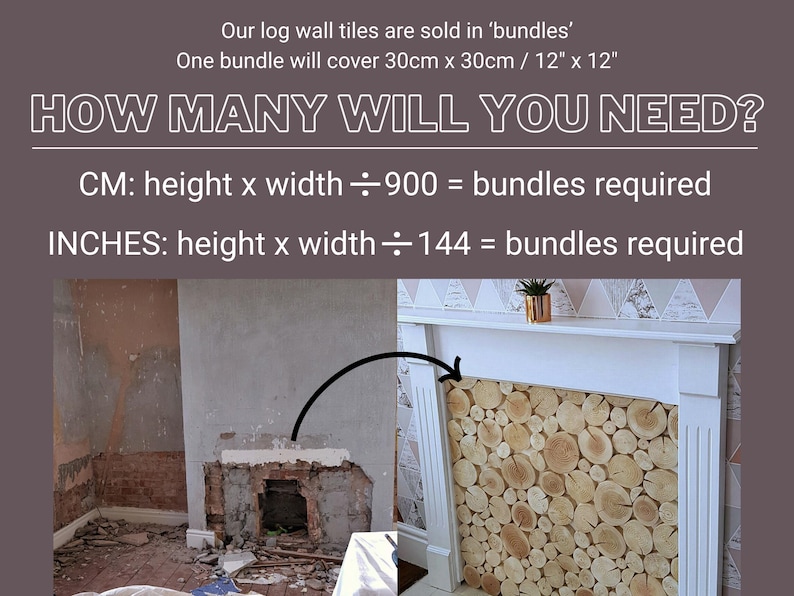 Two images show a before and after fireplace makeover completed by a customer. One photo shows a knocked out fireplace surround with a dark and dirty hole where the fire once was. The other photo shows the results of installing a crisp white fire surround in place of the old one against a modern pink and gold geometric wallpapered wall. The recess of the surround is filled with log wall tiles from The Log Basket bonded to the rear wall or backing panel.