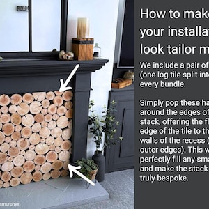A large dark matte black fireplace surround filled with log wall tiles fixed to a black backing panel to create the illusion of a stack of decorative logs inside the recess. Log wall tiles from The Log Basket are neat and clean real wood tiles and perfect for creating a faux log stack in shallow alcoves and recesses and are quick and simple to install.