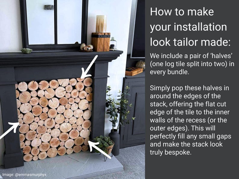 A large dark matte black fireplace surround filled with log wall tiles fixed to a black backing panel to create the illusion of a stack of decorative logs inside the recess. Log wall tiles from The Log Basket are neat and clean real wood tiles and perfect for creating a faux log stack in shallow alcoves and recesses and are quick and simple to install.