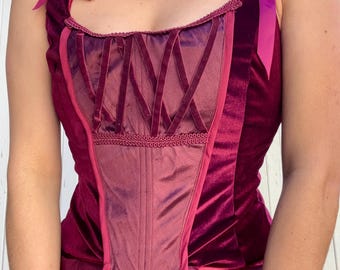 Burgundy Velvet Corset Top, Sheer Mesh Bustier, Handmade Fairycore Corset, Romantic Gothic Lingerie, Ribbon Tie Straps