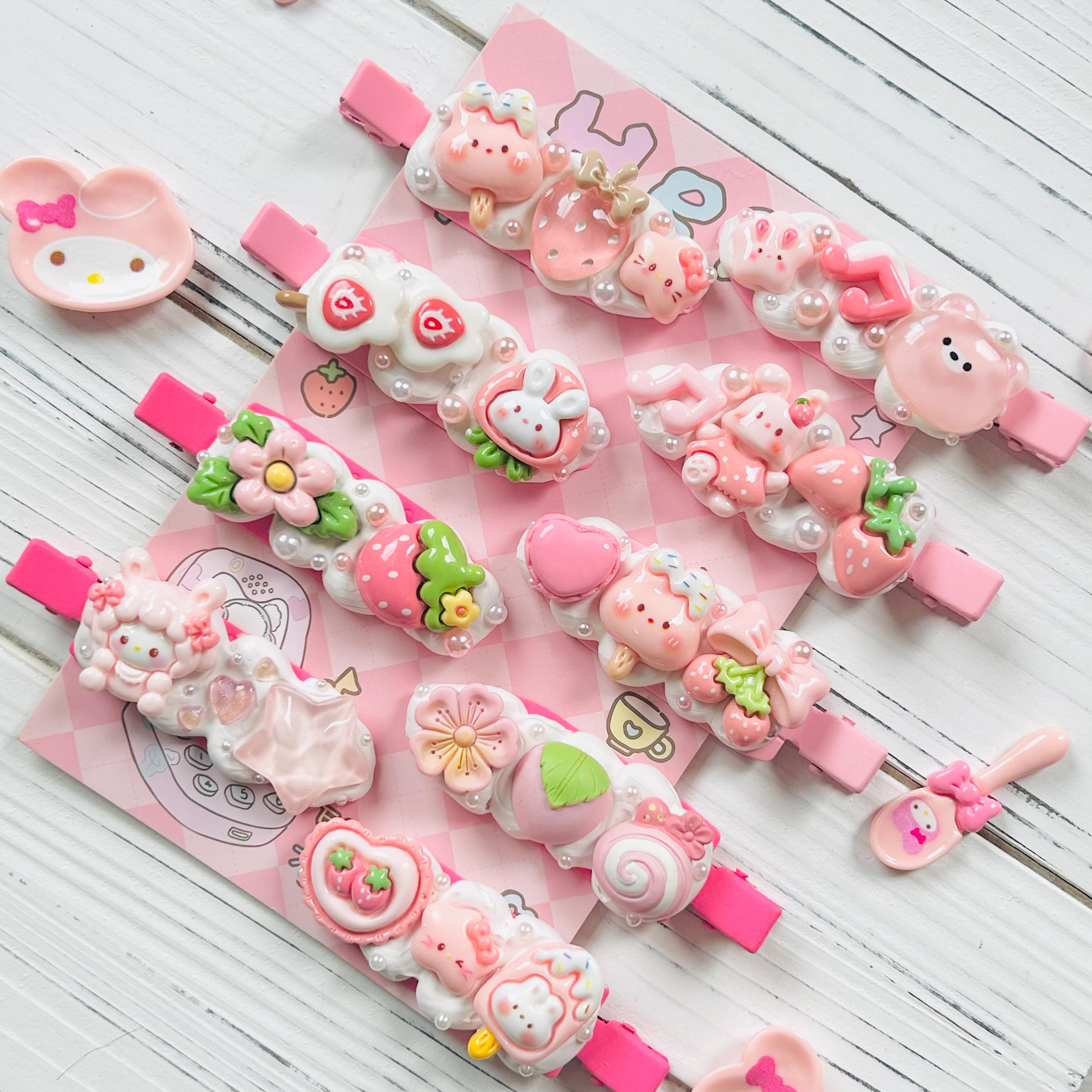 ハンドメイドレジンヘアゴム・ブローチ・ヘアクリップNo.791 Pink Handmade Decoden Hair Clips - 1 Piece | Cute Hair Accessories