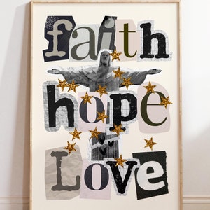 Christian Wall Art, Vintage Magazine Cut Outs, Retro Jesus Poster, Faith Hope Love, Religious Prints Home Decor, Bible Verse Corinthians 13