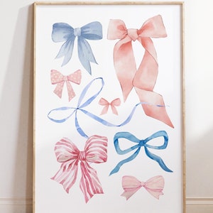 Coquette Bows and Ribbons Wall Art, Pastel Pink & Blue Cottagecore Printable Decor for Nursery and Girl&#39;s Room Printable Download Kids Room