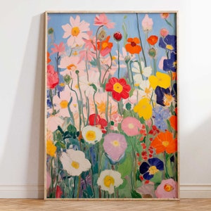 colourful and bright abstract wildflowers painting of a field of flowers in the spring printable wall art digital download in pretty shades of pink red blue yellow green and white in various sizes such as 18x24 inches A2 16x20 11x14 and 8x10 inches