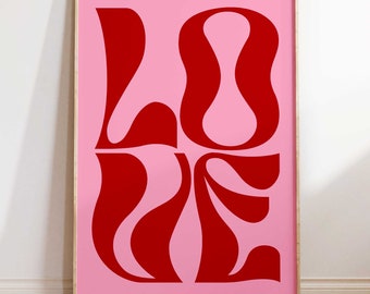 Arte de pared imprimible Retro Love, estampado retro rosa y rojo, decoración de dormitorio para niñas, cita de amor imprimible, descarga femenina rosa, arte retro