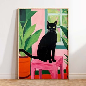 Maximalist wall art, black cat print, cat printable wall art, bold modern wall art, cat lover gift, bright wall art, pink and green prints image 1