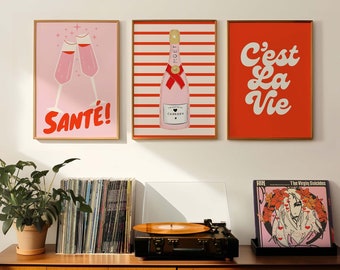 Santé!, Set of 3 Art Prints, Bar Prints, Bar Posters, Feminine, French posters, Pink Wall Art, Retro, Printable, Alcohol