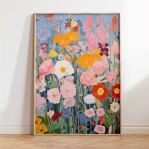 colourful and bright abstract wildflowers painting of a field of flowers in the spring printable wall art digital download in pretty shades of pink red blue yellow green and white in various sizes such as 18x24 inches A2 16x20 11x14 and 8x10 inches