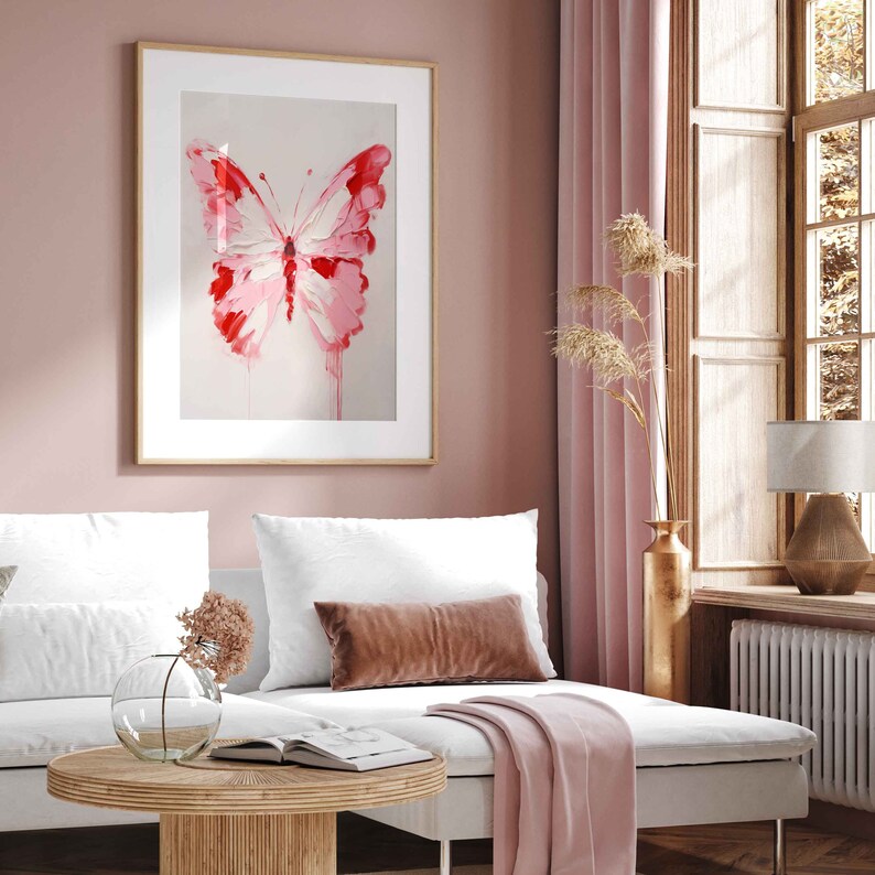 Pink butterfly printable wall art, bright butterfly painting, maximalist pink wall art, pretty dorm room printable pink maximalist printable image 7