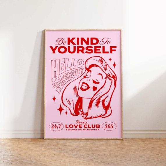 Self Love Club, Self Love Poster, Retro Wall Art, Pink Wall Art, Printable Wall Art, Positivity, Happiness Prints, Self Care, Self Love Art