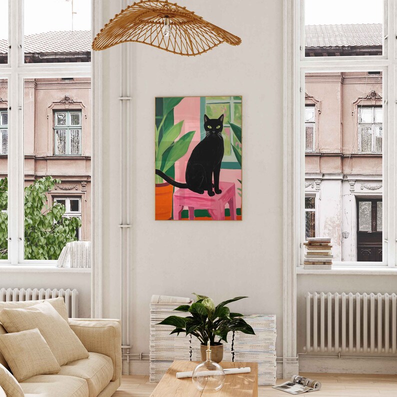 Maximalist wall art, black cat print, cat printable wall art, bold modern wall art, cat lover gift, bright wall art, pink and green prints image 7
