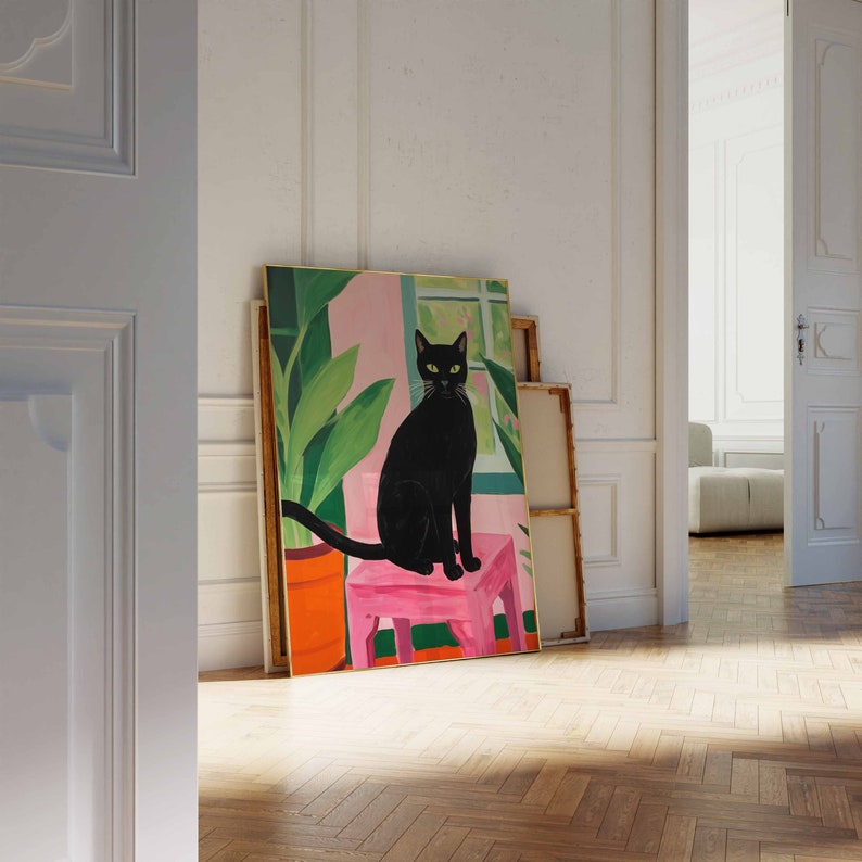 Maximalist wall art, black cat print, cat printable wall art, bold modern wall art, cat lover gift, bright wall art, pink and green prints image 5