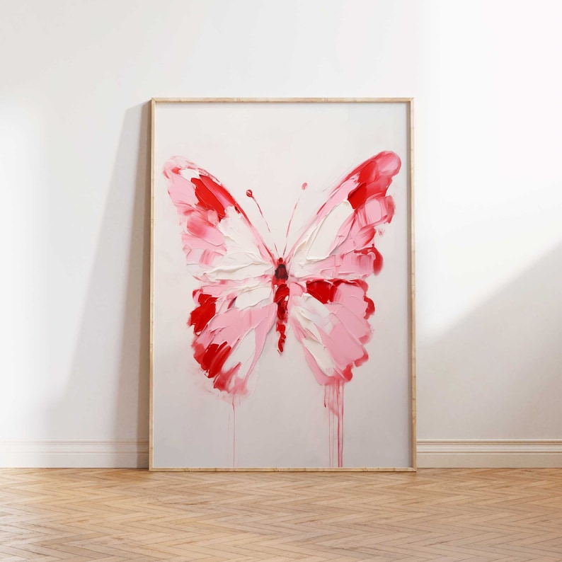 Pink butterfly printable wall art, bright butterfly painting, maximalist pink wall art, pretty dorm room printable pink maximalist printable image 1