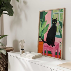 Maximalist wall art, black cat print, cat printable wall art, bold modern wall art, cat lover gift, bright wall art, pink and green prints image 2