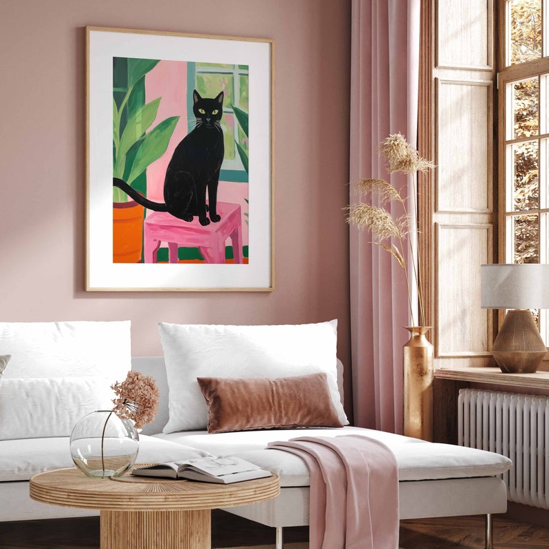 Maximalist wall art, black cat print, cat printable wall art, bold modern wall art, cat lover gift, bright wall art, pink and green prints image 4