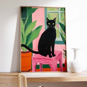 Maximalist wall art, black cat print, cat printable wall art, bold modern wall art, cat lover gift, bright wall art, pink and green prints image 8