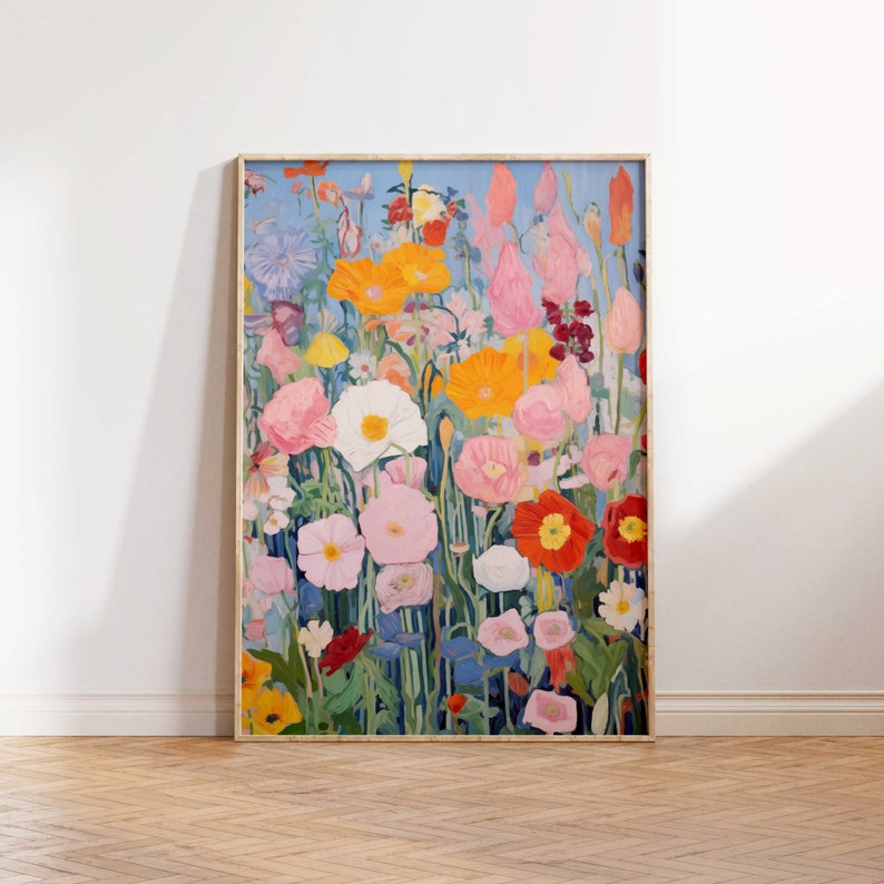 colourful and bright abstract wildflowers painting of a field of flowers in the spring printable wall art digital download in pretty shades of pink red blue yellow green and white in various sizes such as 18x24 inches A2 16x20 11x14 and 8x10 inches