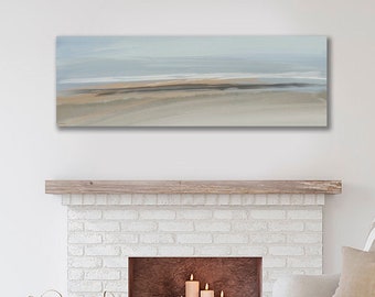 Long Rectangular Coastal Wall Art by Jacquie Gouveia, Narrow Horizontal Panoramic Serene Gray Beige, Oversized Canvas Art to Hang Over Bed