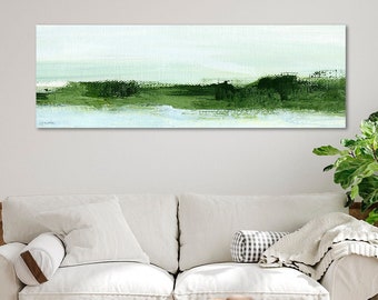 Green and White Abstract Landscape Canvas Print, Long Narrow Horizontal Wall Art, Hang Above Couch, Oversized Rectangular Wall Decor