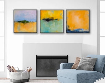 Vibrant Yellow Three Piece Wall Art Canvas Abstract Landscape Framed Wall Art Set of 3 Large, 3 Panel Canvas Vibrant Colorful Modern Art