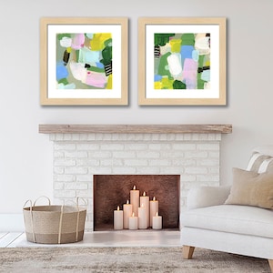 Set of 2 Vibrant Abstract Landscape Art Prints by Jacquie Gouveia, Group of 2 Colorful Art Prints, Square Pink Green Blue Canvas Prints image 1