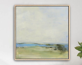 Large Framed Abstract Coastal Wall Art by Jacquie Gouveia, Large Framed Canvas Art Print, Serene Beachscape, Seascape Neutral Blue Green