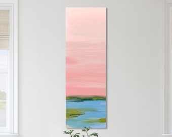 Tall Vertical Wall Art by Jacquie Gouveia, Vibrant Pink Sky Wall Decor, Long Narrow Coastal Canvas Print, Large Framed Vertical Wall Art