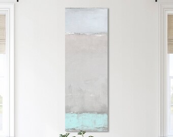 Tall Vertical Serene Coastal Wall Art by Jacquie Gouveia, Oversized Narrow Pastel Abstract Landscape Canvas Art, Beach Scene for Bedroom