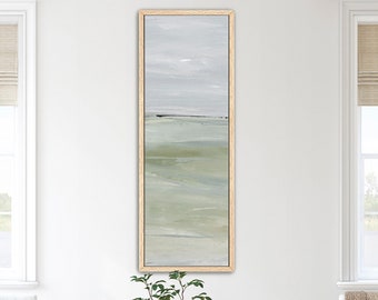 Large Framed Vertical Wall Art by Jacquie Gouveia, Tall Narrow Calm Sage Green Coastal Canvas Print, Tall Long Beachscape Home Decor