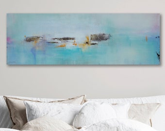 Long Coastal Painting Canvas Print for Primary Bedroom, Large Narrow Horizontal Beach Wall Art, Print of Blue Turquoise Seascape Painting