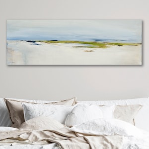 Long Narrow Horizontal Wall Art of Calm White Sandy Beach Seascape Painting Canvas Print, Large Coastal Grandmother Art to Hang Over Couch