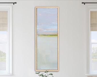 Large Framed Vertical Wall Art by Jacquie Gouveia, Tall Narrow Art, Natural Oak Wood Framed Canvas Print, Calm Coastal Decor, Modern Coastal
