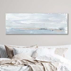 Long Narrow Horizontal Wall Art of Calm Gray Seascape Painting Canvas Print, Large Coastal Grandmother Art to Hang Over Bed, Fireplace Couch