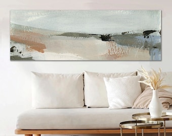 Long Horizontal Coastal Wall Art by Jacquie Gouveia Soft Muted Grays, Panoramic Narrow Canvas Print, Oversized Coastal Artwork for Bedroom