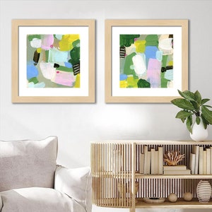 Set of 2 Vibrant Abstract Landscape Art Prints by Jacquie Gouveia, Group of 2 Colorful Art Prints, Square Pink Green Blue Canvas Prints image 2